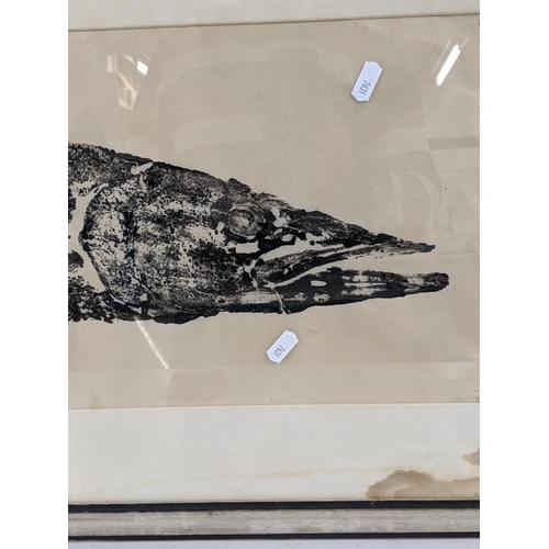 334 - A 20th century print of a fish, possibly using the gyotaku method, bears an indistinct signature to ... 