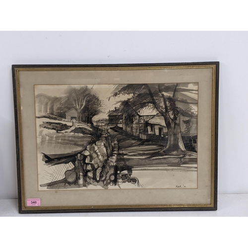 340 - A mixed media monochrome street scene in a village, bears a signature to the bottom right NKH, dated... 