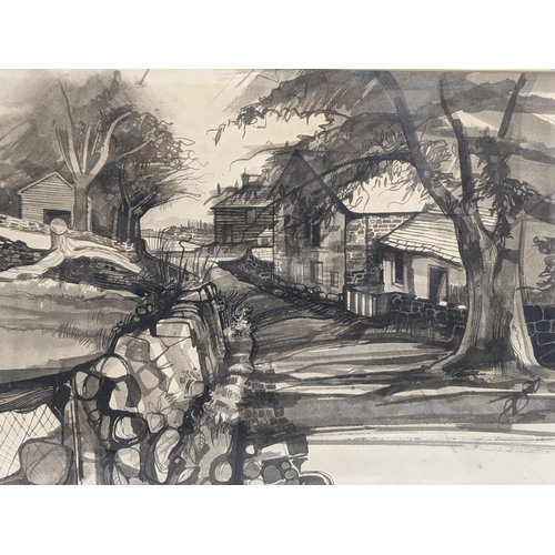 340 - A mixed media monochrome street scene in a village, bears a signature to the bottom right NKH, dated... 