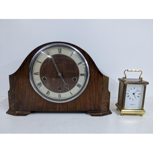 362 - A mantle clock faced with a Roman dial and a brass carriage clock also faced with a Roman dial havin... 