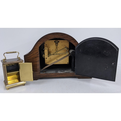 362 - A mantle clock faced with a Roman dial and a brass carriage clock also faced with a Roman dial havin... 