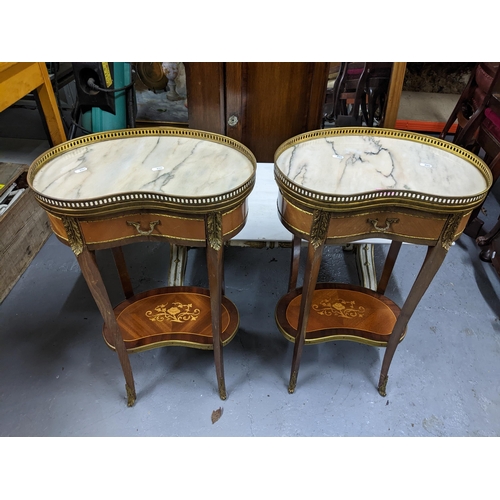 366 - A pair of 20th century French inlaid and marble topped kidney shaped tables, brass galleried tops wi... 