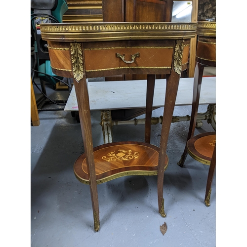 366 - A pair of 20th century French inlaid and marble topped kidney shaped tables, brass galleried tops wi... 