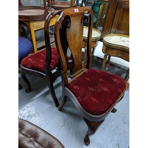 369 - Two George III mahogany Queen Anne style dining chairs with red velvet upholstered drop-in seat havi... 