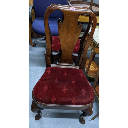 369 - Two George III mahogany Queen Anne style dining chairs with red velvet upholstered drop-in seat havi... 