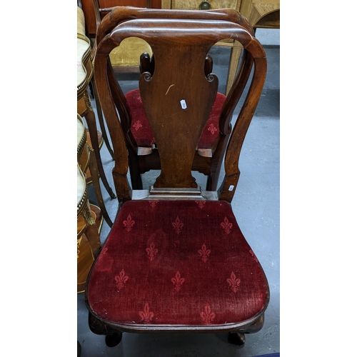 369 - Two George III mahogany Queen Anne style dining chairs with red velvet upholstered drop-in seat havi... 