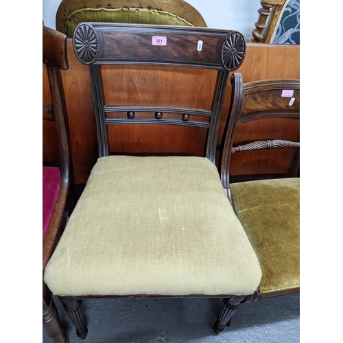 371 - A mixed group of 19th century chairs to include two Victorian balloon back chairs with red leather s... 