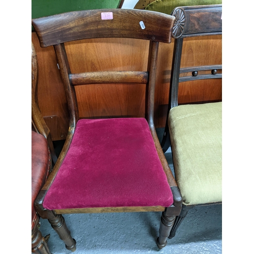 371 - A mixed group of 19th century chairs to include two Victorian balloon back chairs with red leather s... 