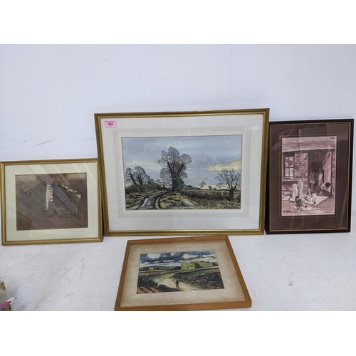 382 - Framed and glazed watercolours to include Edward Stamp - pen and ink and watercolour drawing 'Januar... 