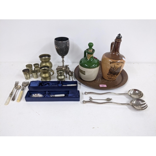 391 - Mixed metalware, silver plate and EPNS to include ceramic, flagons, ceremonial and presentation item... 