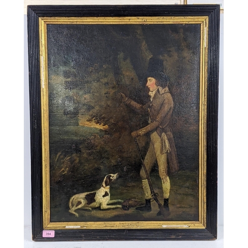 394 - A late 19th century oil on canvas depicting a young gentleman, attaching what looks like a bayonet t... 