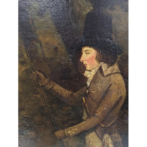 394 - A late 19th century oil on canvas depicting a young gentleman, attaching what looks like a bayonet t... 