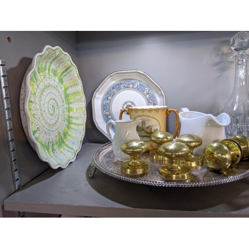 399 - A mixed lot to include some silver plate, a Wedgwood dish, four glass decanters with stoppers, door ... 