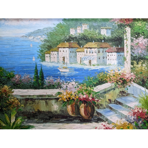 481 - Manalch - a pair of French city coastal scenes depicting floral courtyard gardens, town houses and s... 