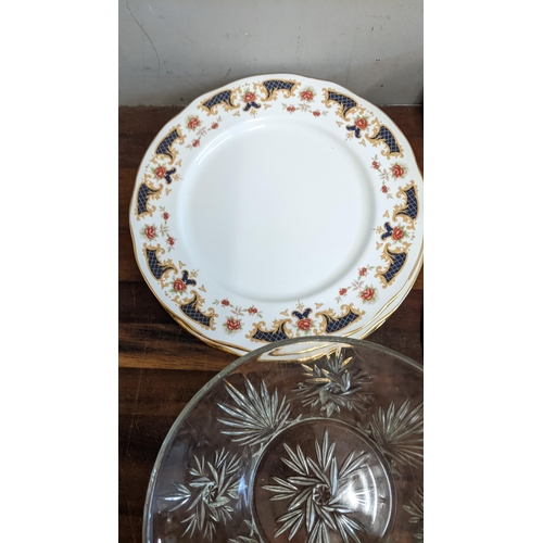 304 - A mixed lot to include stainless steel platters, a crystal glass bowl, a Colclough part teaset and o... 