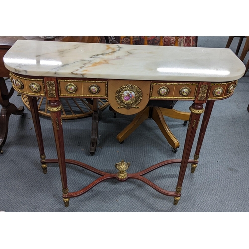 407 - A mid 20th century French console table having a marble top, inset with porcelain plaques, 77.5h x 9... 