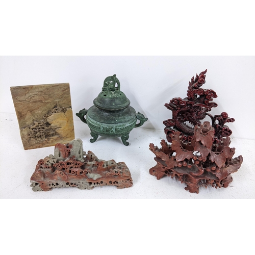 415 - Mixed Chinese items to include a vintage bronze incense burner, soapstone ornaments and a resin orna... 