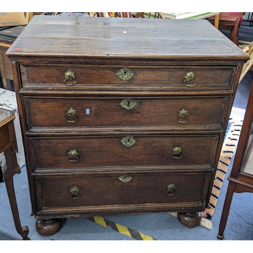 418 - Circa 1700 an oak chest of four graduating drawers, raised on bulbous feet, 85h x 90.5w
Location: RA... 