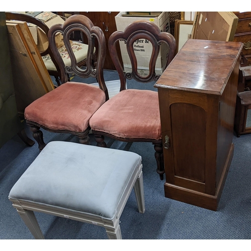 420 - Mixed furniture to include two Victorian dining chairs, a footstool and a mahogany single door bedsi... 