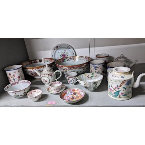 426 - A selection of 18th and 19th century Chinese famille rose porcelain to include teapots, punch bowls,... 