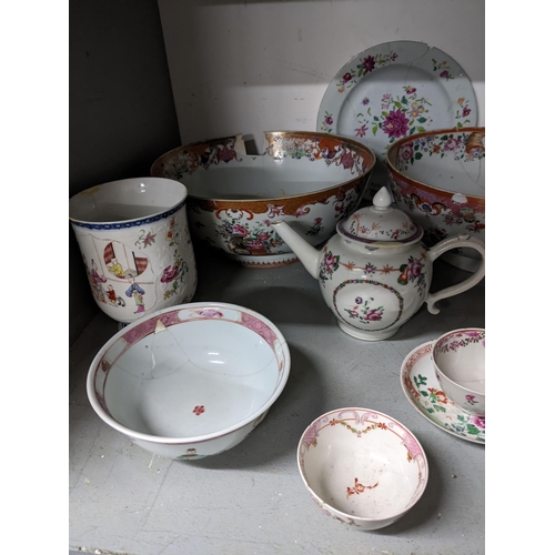 426 - A selection of 18th and 19th century Chinese famille rose porcelain to include teapots, punch bowls,... 