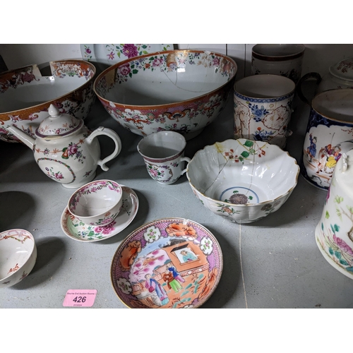 426 - A selection of 18th and 19th century Chinese famille rose porcelain to include teapots, punch bowls,... 