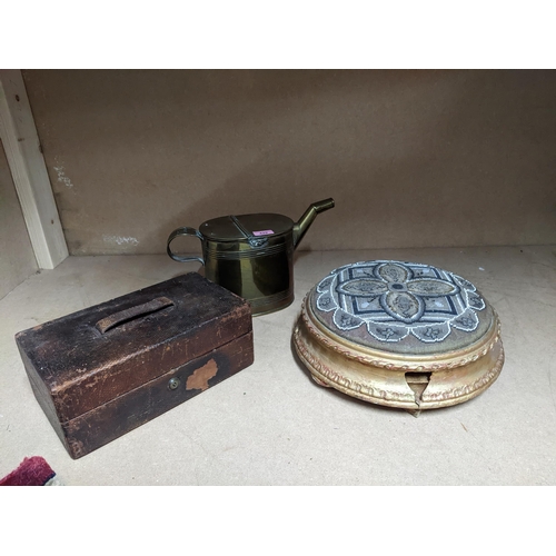 429 - A Victorian gilt wood circular foot stool with beadwork cushion top A/F, a leather clad workbox and ... 