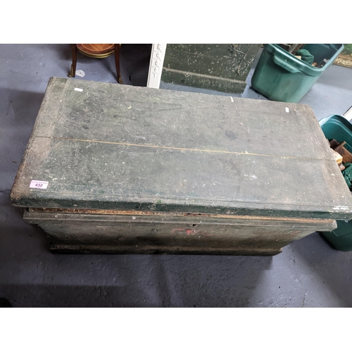 432 - A large wooden green painted tool chest with fitted interior with various woodworking tools to inclu... 