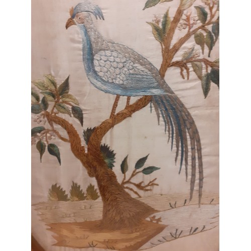 67 - A late 19th Century needlework silk panel in oval gilt frame, depicting an exotic bird on a branch, ... 