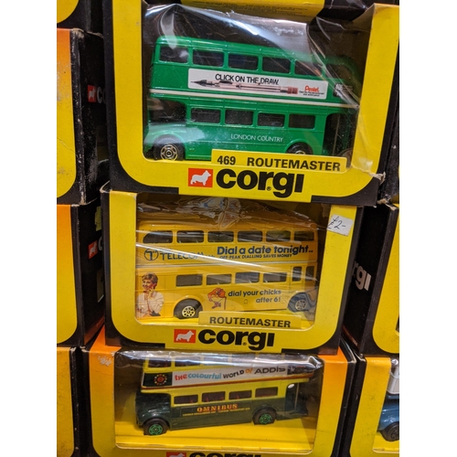 80 - Corgi model buses to include Routemaster buses and larger boxed models, two 1 AEC Regals, two Burlin... 