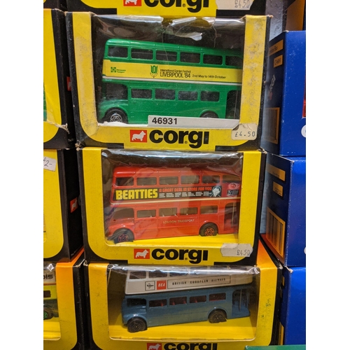 80 - Corgi model buses to include Routemaster buses and larger boxed models, two 1 AEC Regals, two Burlin... 