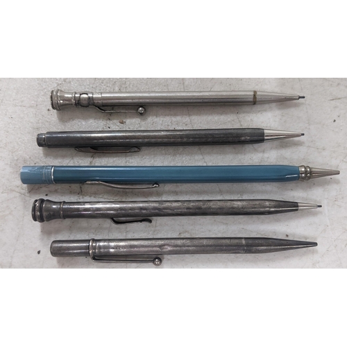 110 - A group of five propelling pencils to include two hallmarked silver examples, one Eversharp blue lac... 