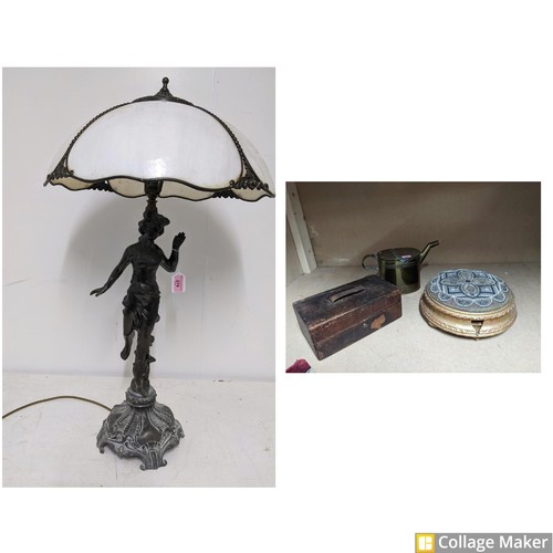 598 - A contemporary patinated metal figural table lamp base with Tiffany style shade with four opal glass... 