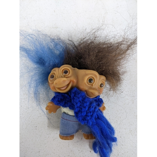 Two boxed trolls and a two headed Siamese twins troll doll a boxed genuine Wishnik by Uneeda no.7