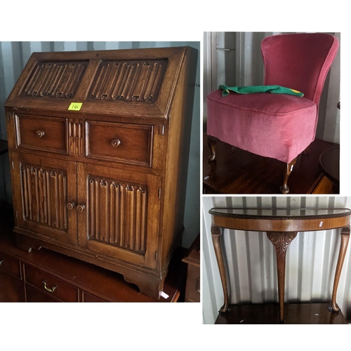 586 - Mixed furniture to include an oak linen fold bureau, a bedroom chair and a Queen Anne style demi lun... 