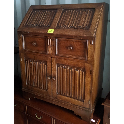 586 - Mixed furniture to include an oak linen fold bureau, a bedroom chair and a Queen Anne style demi lun... 