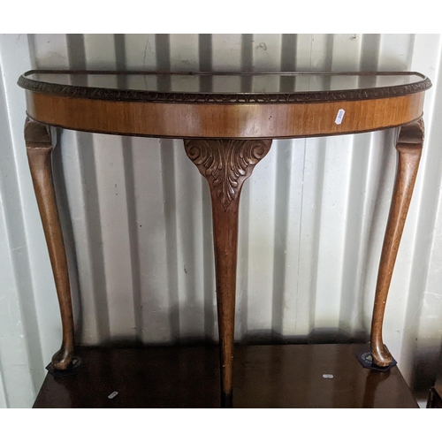 586 - Mixed furniture to include an oak linen fold bureau, a bedroom chair and a Queen Anne style demi lun... 