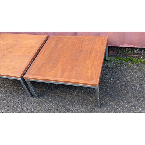 102 - A pair of vintage walnut topped walnut and chrome coffee tables, possibly by Knoll, each of square f... 