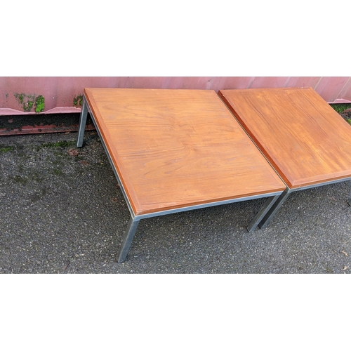 102 - A pair of vintage walnut topped walnut and chrome coffee tables, possibly by Knoll, each of square f... 