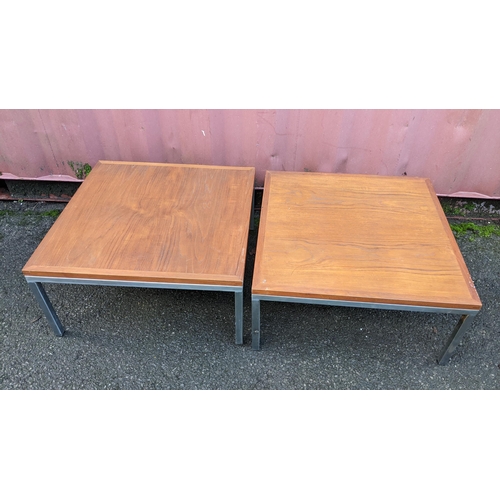 102 - A pair of vintage walnut topped walnut and chrome coffee tables, possibly by Knoll, each of square f... 