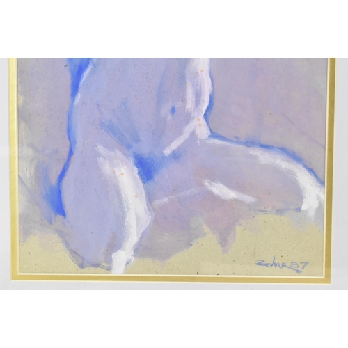 120 - Israel Zohar (1945) A Gouache entitled 'Frontal Nude In Blue', signed and dated 87 to the lower righ... 