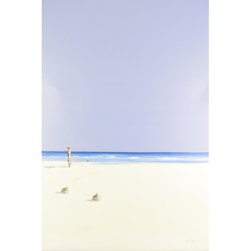 122 - John Horsewell (B.1952) An acrylic on canvas depicting a beach scene, signed to the lower right corn... 