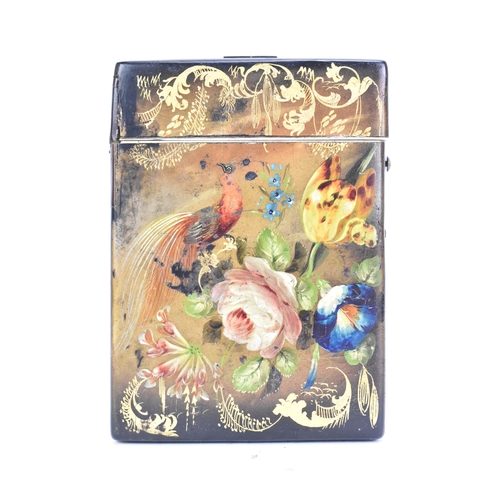 158 - A Victorian Papier-Mache Card-Case, oblong shape, each side painted with a peacock within flowers an... 