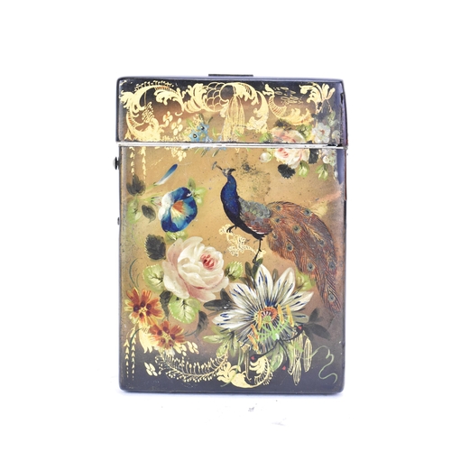 158 - A Victorian Papier-Mache Card-Case, oblong shape, each side painted with a peacock within flowers an... 