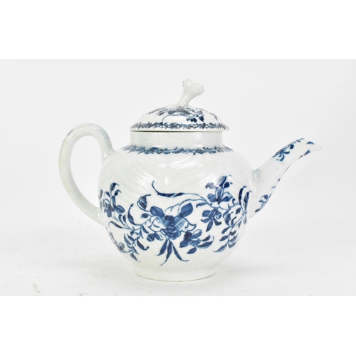 164 - A mid 18th Century first period Worcester feather moulded teapot and cover, hand decorated with styl... 