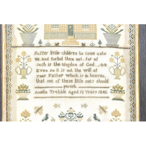 169 - An early Victorian needlework sampler, by Amelia Trebble, aged 13 years, dated 1840, worked with a t... 