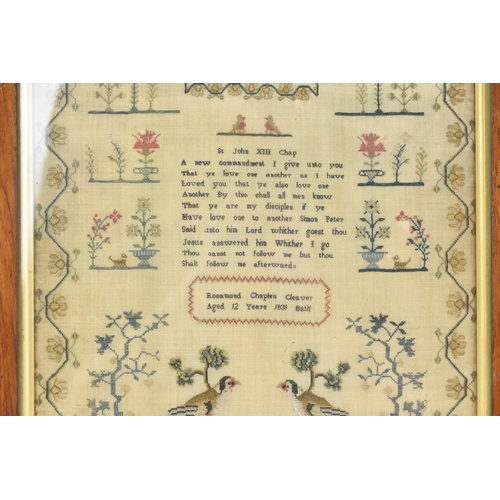 170 - A William IV needlework sampler, by Rosamond Chaplen Cleaver, aged 12 years, dated 1835, worked with... 