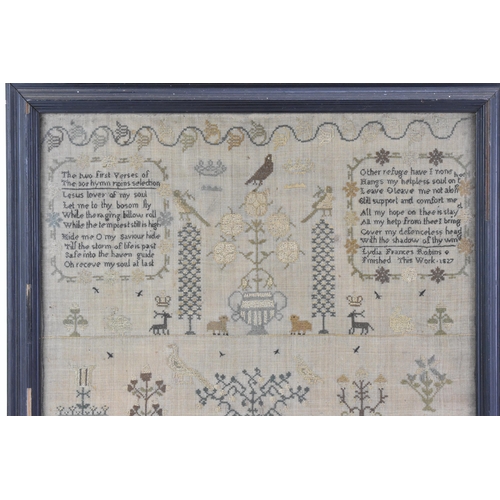 171 - A George IV needlework sampler, by Lydia Francis Robins, dated 1827, worked with two verses from the... 