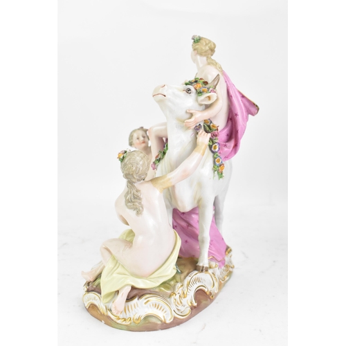 179 - A late 19th century Meissen porcelain figure of Europa and the Bull, accompanied by two kneeling nym... 