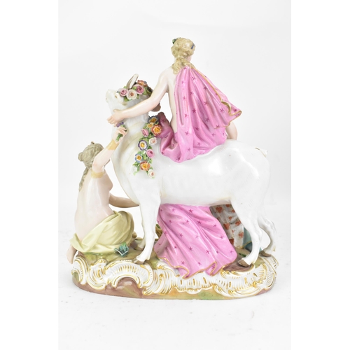 179 - A late 19th century Meissen porcelain figure of Europa and the Bull, accompanied by two kneeling nym... 